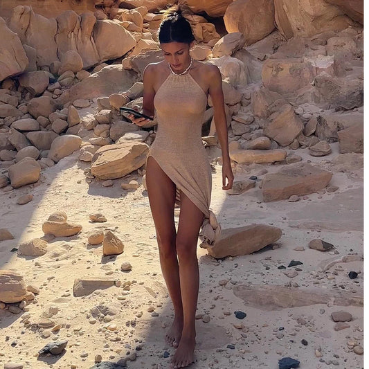 Strandkleid Gestricktes Cover Up Elegant Durchsichtig Maxi Schlitz Bodycon-Schnitt Halter Bikini Cover-Up