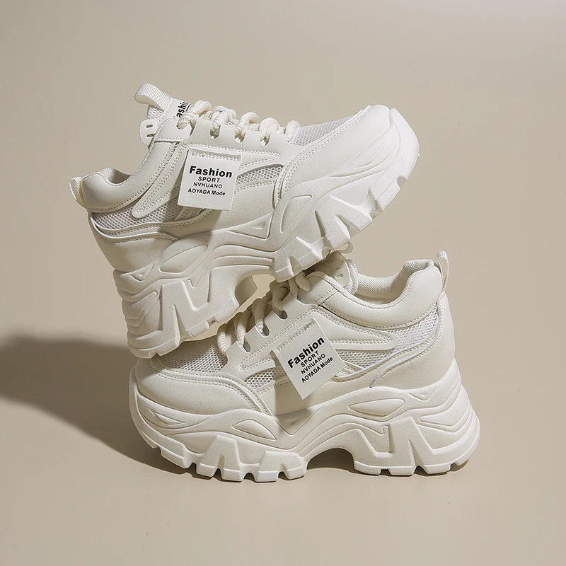 Whiet Breathable Chunky Sneakers Woman 2025 Spring Thick Platform Casual Sneakers Women Non Slip Lace Up Sports Shoes Female