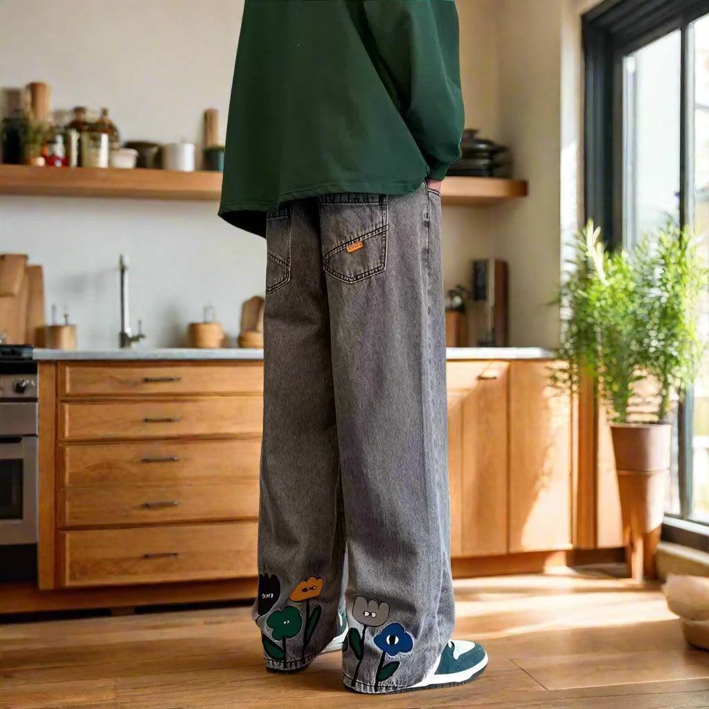 Flower baggy jeans streetwear casual denim wide-leg straight trousers