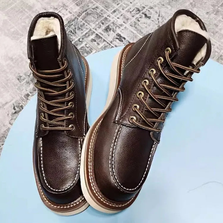 BEKEDEKECN Schneestiefel Warmes Wollfutter - Obermaterial Leder, Innenfutter Wolle, Schnürung Knöchelhoch