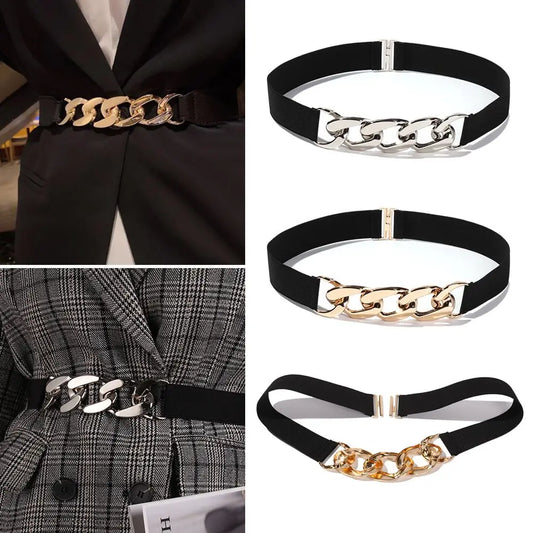 Elastic Women Belt Punk Fashion Women Elastic Belts Gold Silver Metal Chain Waist Strap For Dress Coat Suit Decorative Waistband