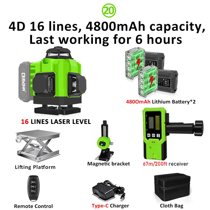 CLUBIONA 16/12 lines Self-leveling Remote Control Outdoor Mode - Receiver Auto 3x360 Green beam Line Laser Level