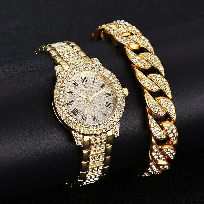 Mode Luxus Vollkristall 5-teiliges Set - Uhr Halskette Ohrringe Ring Set für Damen - Strass Armbanduhr Damen Armband Set Geschenk