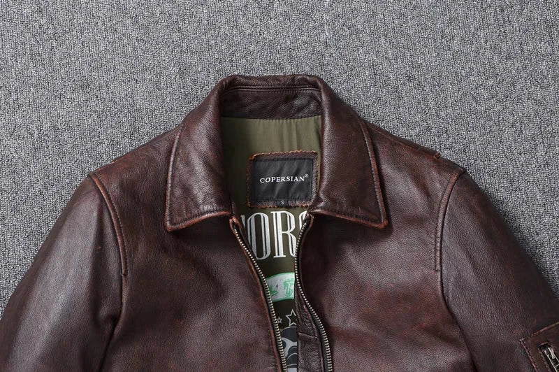 New Men's Genuine Leather Jacket Vintage Stone Milled Top Layer Cowhide Bomber Jacket A2 Brown Men's Calfskin Motorcycle Jacket