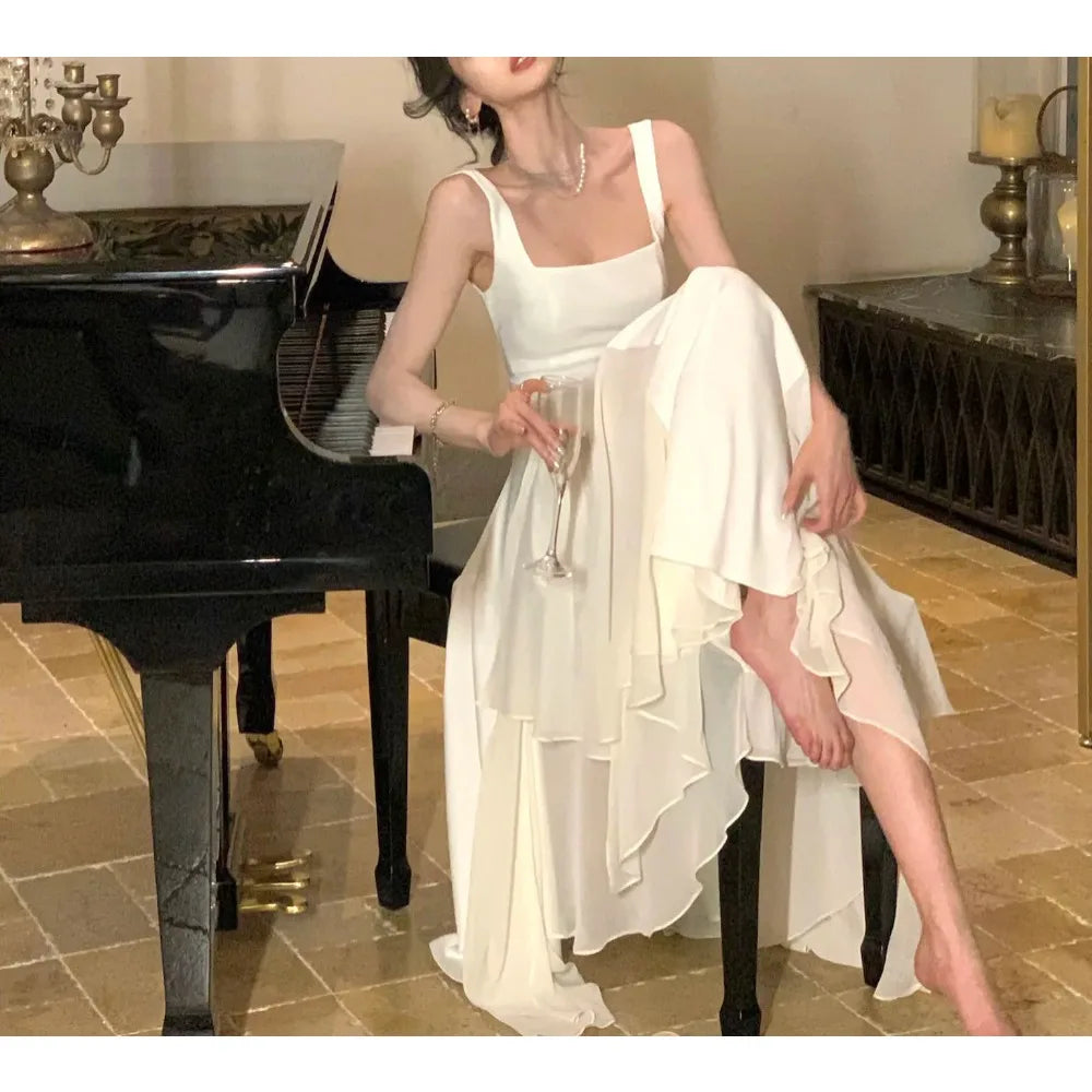 Elegant Dresses for Women Ruffles Sundress Evening Party Dress Sleeveless Square Collar A Line New Prom Robe Korean Vestidos