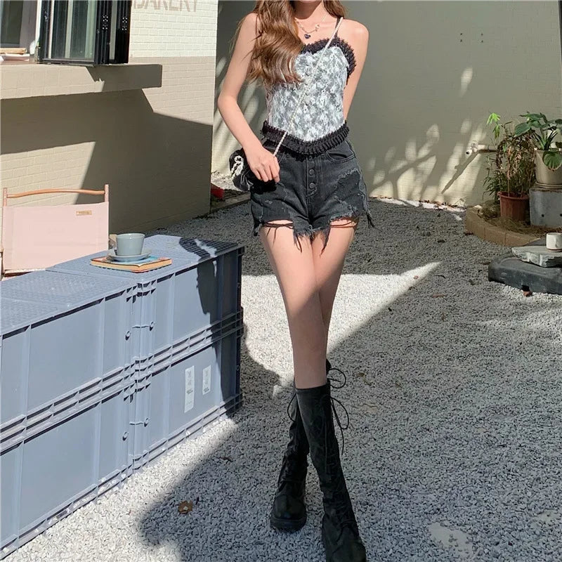 Camisole 2025: Lace Flower Print Cami Crop Tank Tops Summer Camisole - Women's Tube Top Elegant Slim Short Tanks Vest Sexy Y2k Pearl Collection