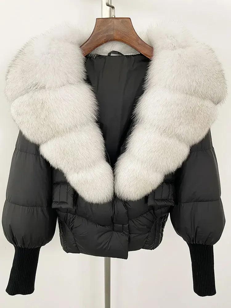 Winter girls jacket with real raccoon fox fur loose fit coat