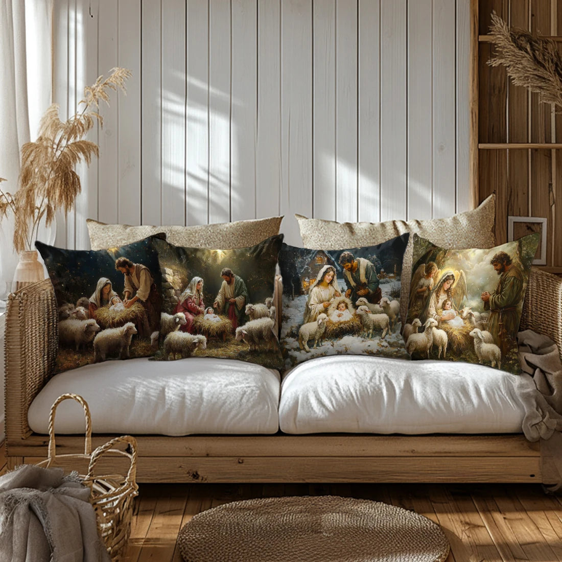 4/1PCS Christmas Throw Pillow Cover with Jesus Birth Design,45x45cm Soft Comfortable,forLiving Room SofasBedroom Christmas Decor