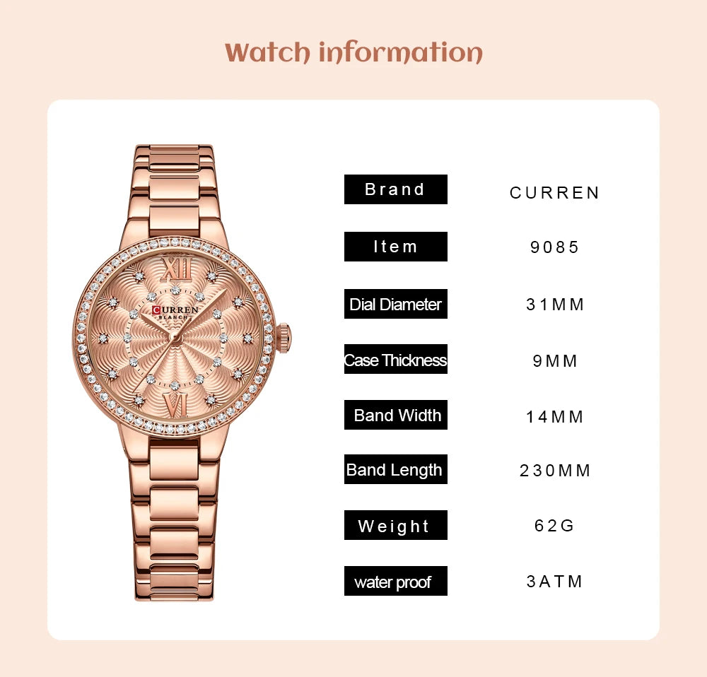 CURREN Luxus Uhr Damen Ring Halskette Ohrringe - Strass Mode Armbanduhr Weiblich Casual Damen Uhren Armband 5-teiliges Set