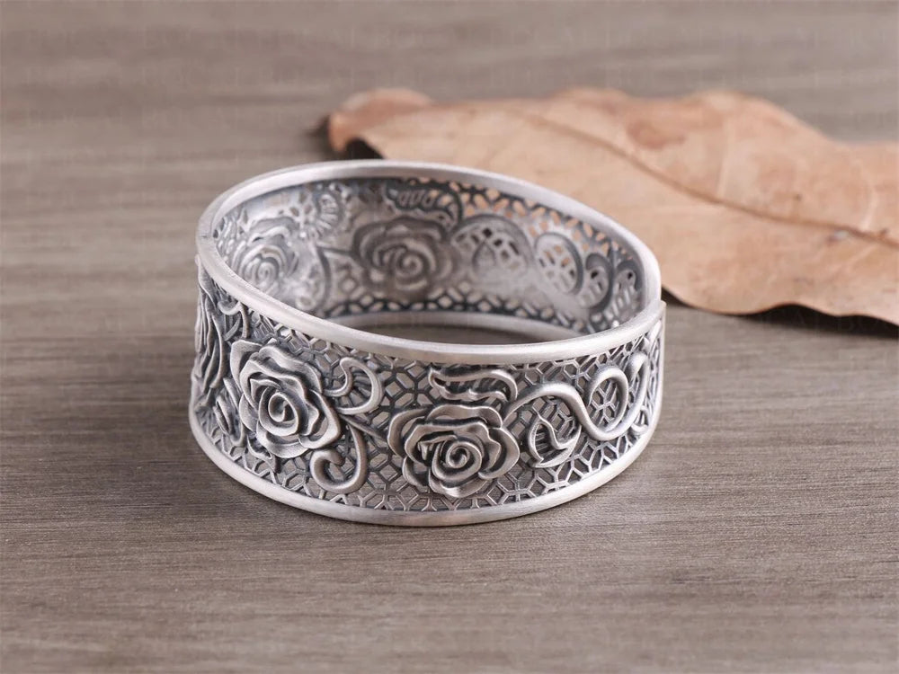 Handcrafted s999 sterling silver rose filigree bangle wide bracelet unique artisan design