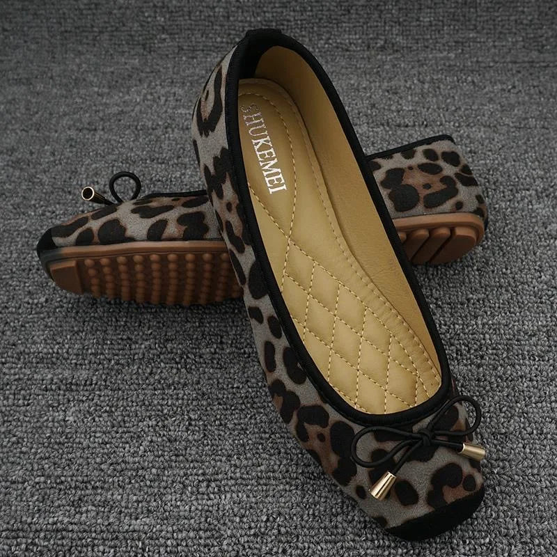 Neue Frühling Sommer Damen Ballerinas - Süße Flache Schuhe mit Schleife - Große Größe 42 Leopard Design
