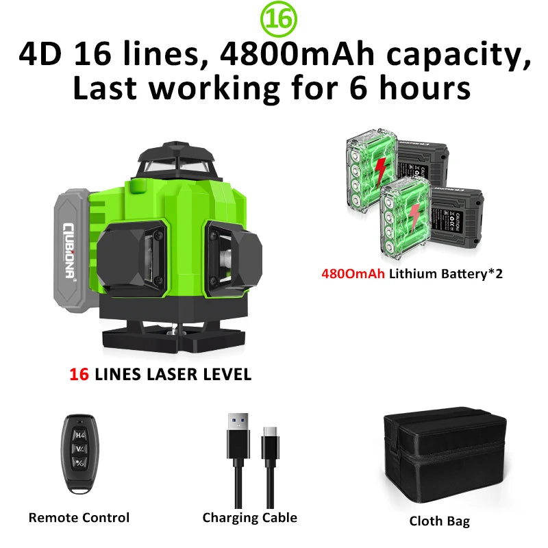 CLUBIONA 16/12 lines Self-leveling Remote Control Outdoor Mode - Receiver Auto 3x360 Green beam Line Laser Level