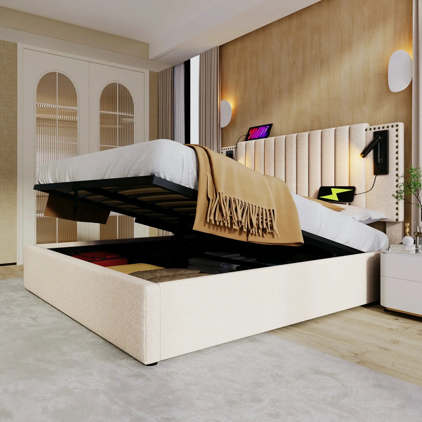 Polsterbett Doppelbett Mit Leselicht Und USB Ladefunktion