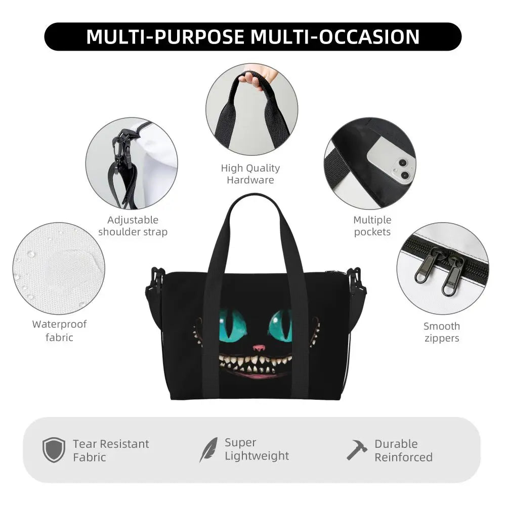 Custom Cheshire Cat Beach Tote Bag for Women We're All Mad Here Cat Big Compartment Gym Beach Travel Bags