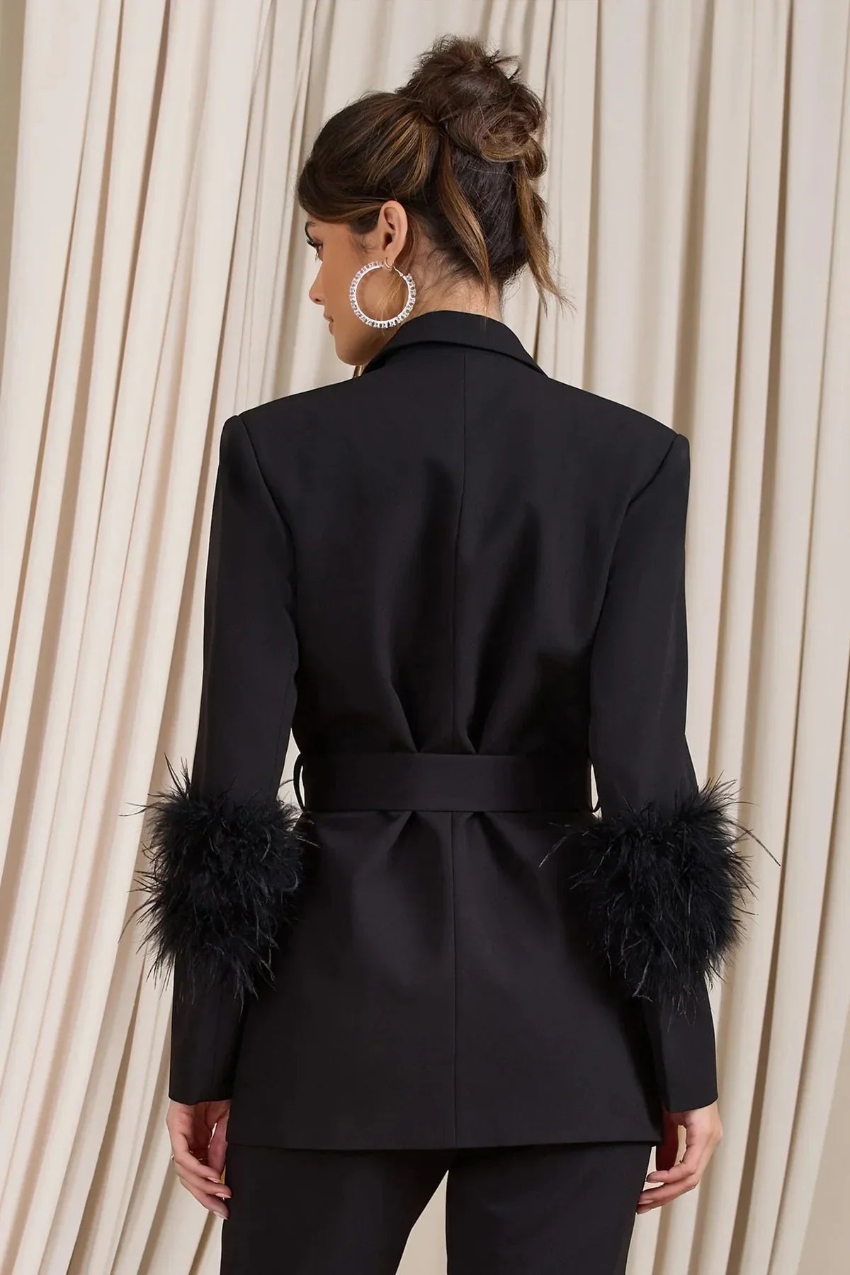 Elegant Women 2 Piece Set Solid Notched Neck Blazer Zipper Long Pants Feather Upright Coat Ladies Suit Fall Winter Office Wear