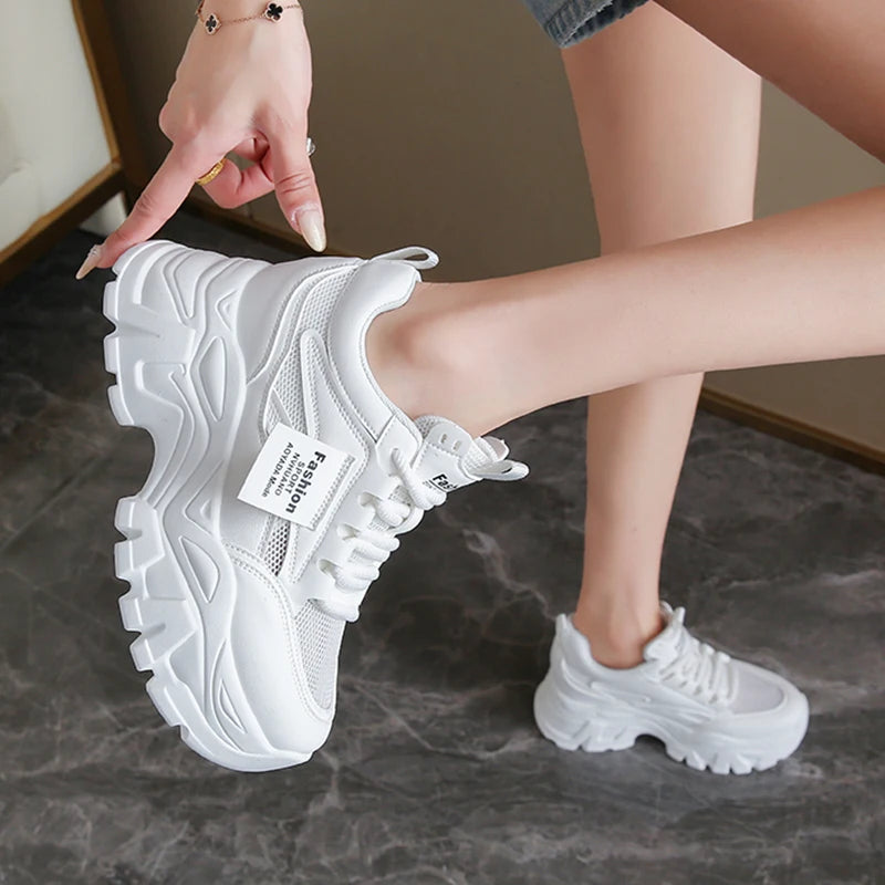 Whiet Breathable Chunky Sneakers Woman 2025 Spring Thick Platform Casual Sneakers Women Non Slip Lace Up Sports Shoes Female