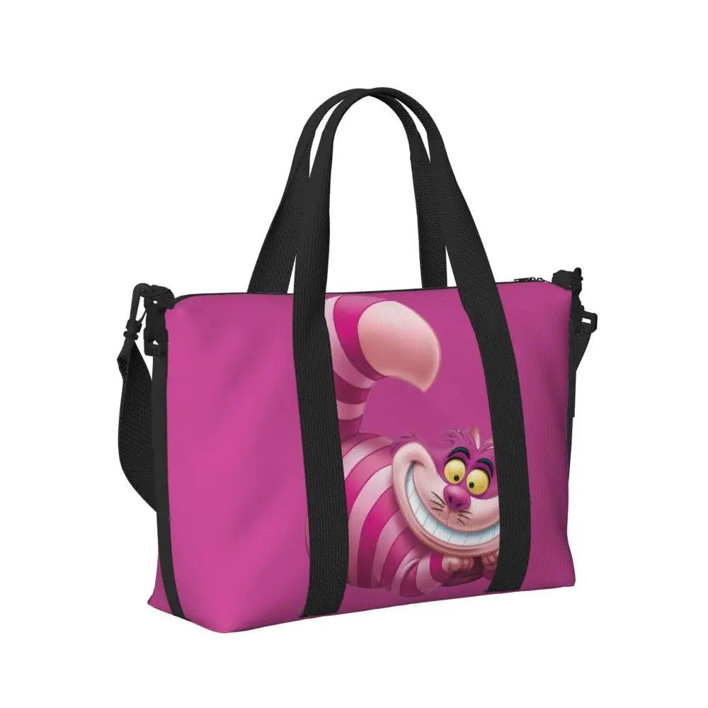 Custom Cheshire Cat Beach Tote Bag for Women We're All Mad Here Cat Big Compartment Gym Beach Travel Bags