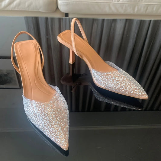 Slingback Artificial Pearl Decorated Women Pumps Wedding Shoes elegant High heels Sandals Elegant Summer Party Bridal Shoes Woman