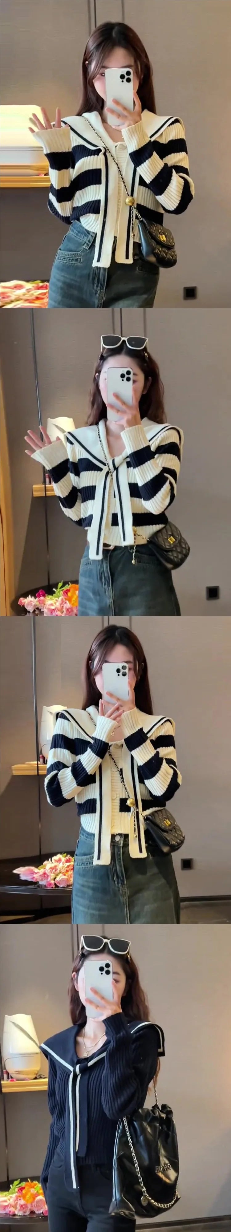 CN Gestreifter Strickcardigan Peter Pan Kragen - Gewicht 120 220 Gramm Quadratmeter, Material Polyester, Lockerer Schnitt