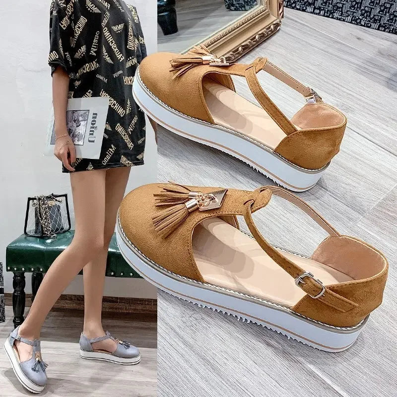 Women's Sandals Summer 2025 Casual Flat Platform Heel Tassel Buckle Strap Female Sandals Platform Vulcanized Shoes for Women New