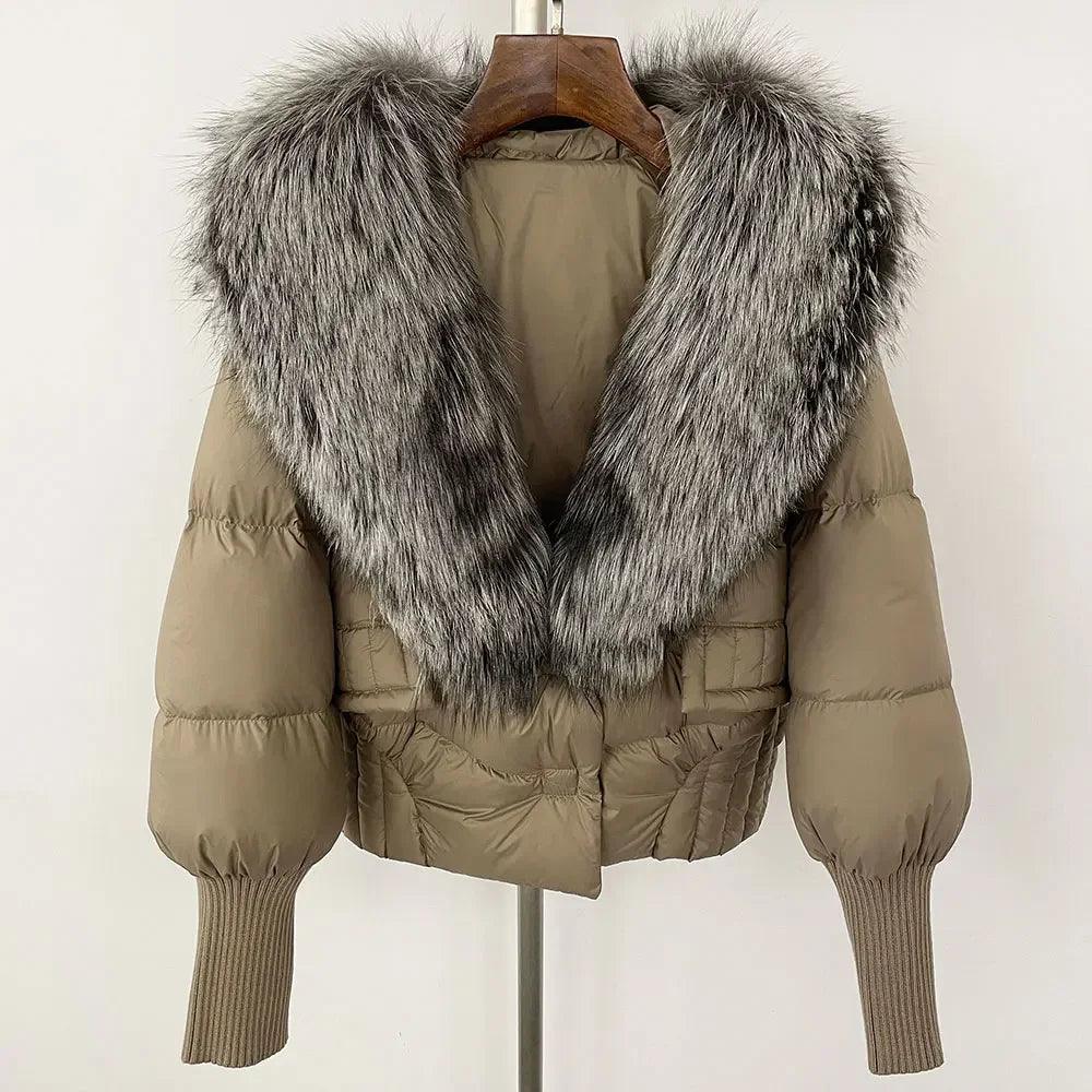 Winter girls jacket with real raccoon fox fur loose fit coat