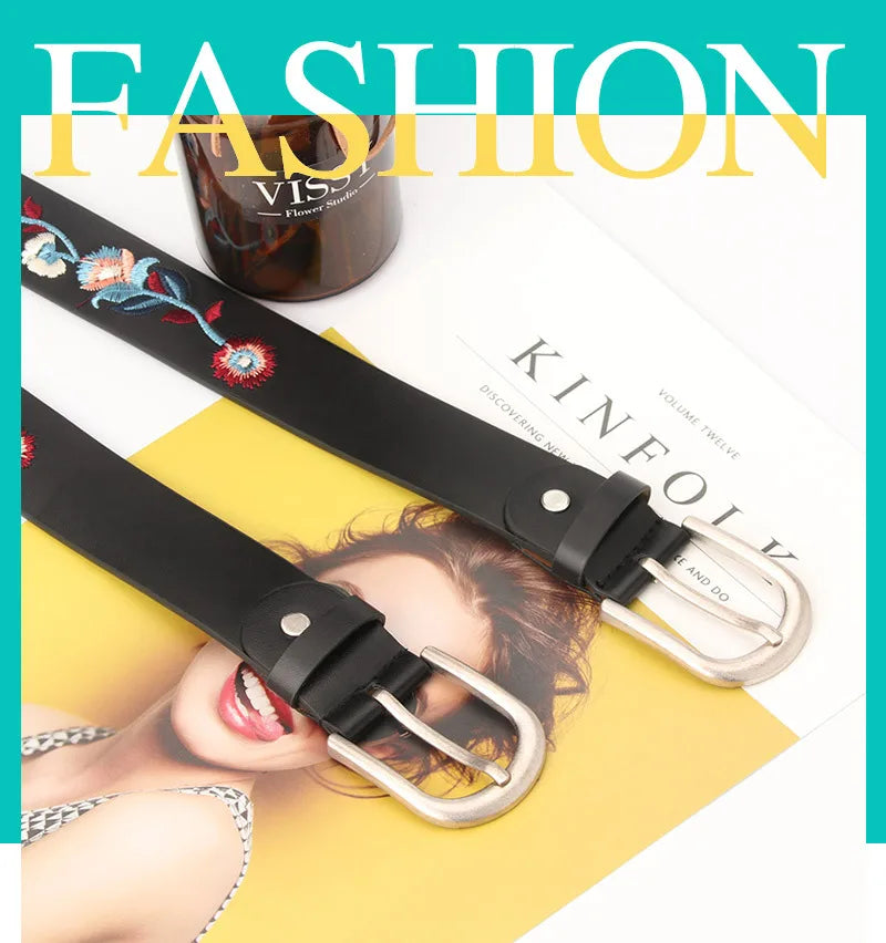 Embroidered Flowers Leather Women's Belt Fashion Casual Luxury Design Simple Versatile Jeans Goth Retro Pin Buckle Waistband New