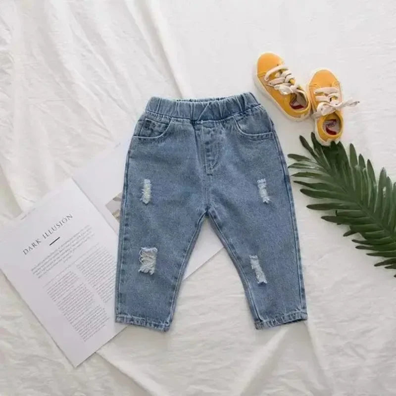 Children Jeans Spring Autumn Boys Girls Denim Ripped Jeans Korean Fashion Kids Trousers Toddler Casual Loose Pants