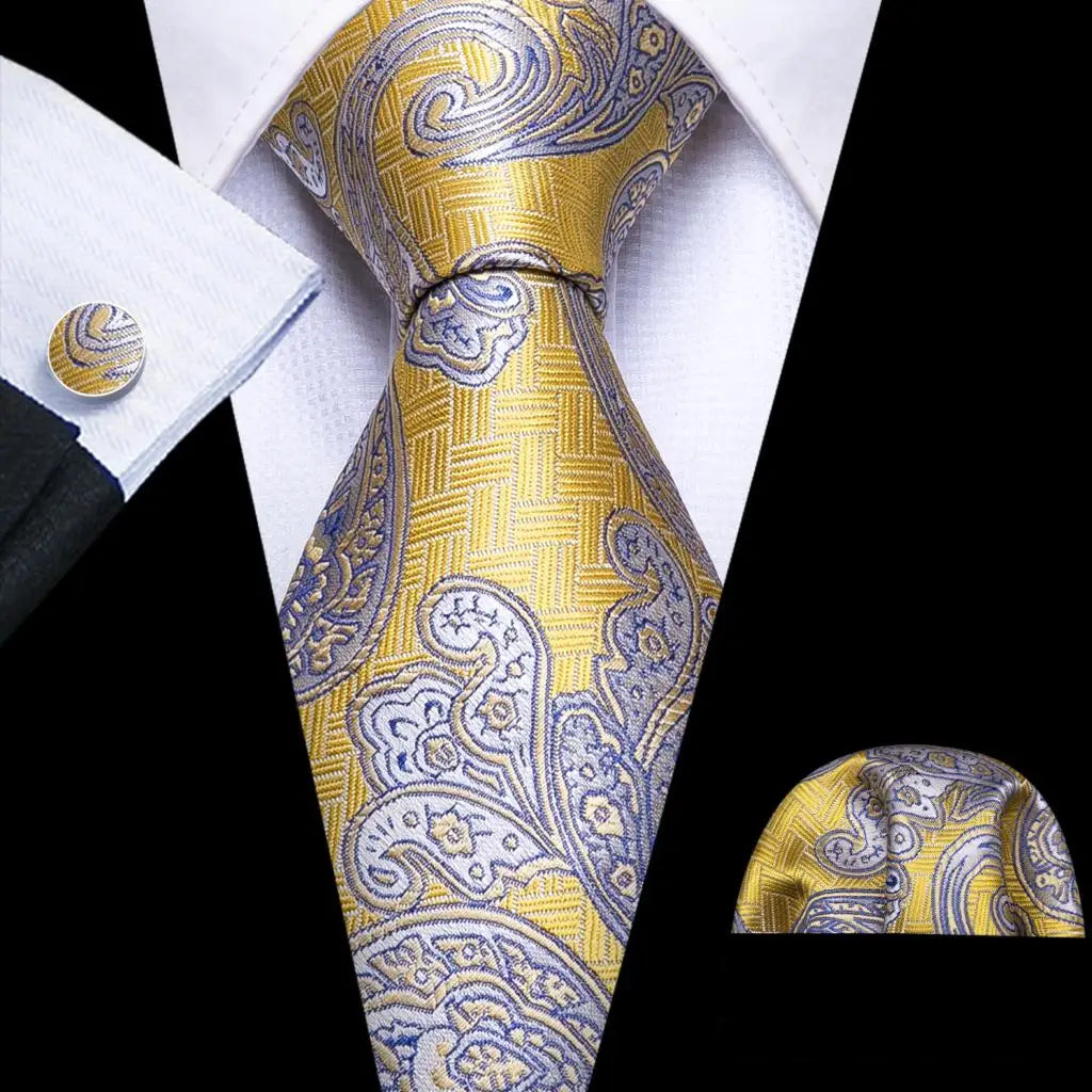 Fashion Silk Men Tie Set Gold Yellow Orange Solid Paisley Striped Plaid Floral Necktie Pocket Square Cufflinks Wedding Business