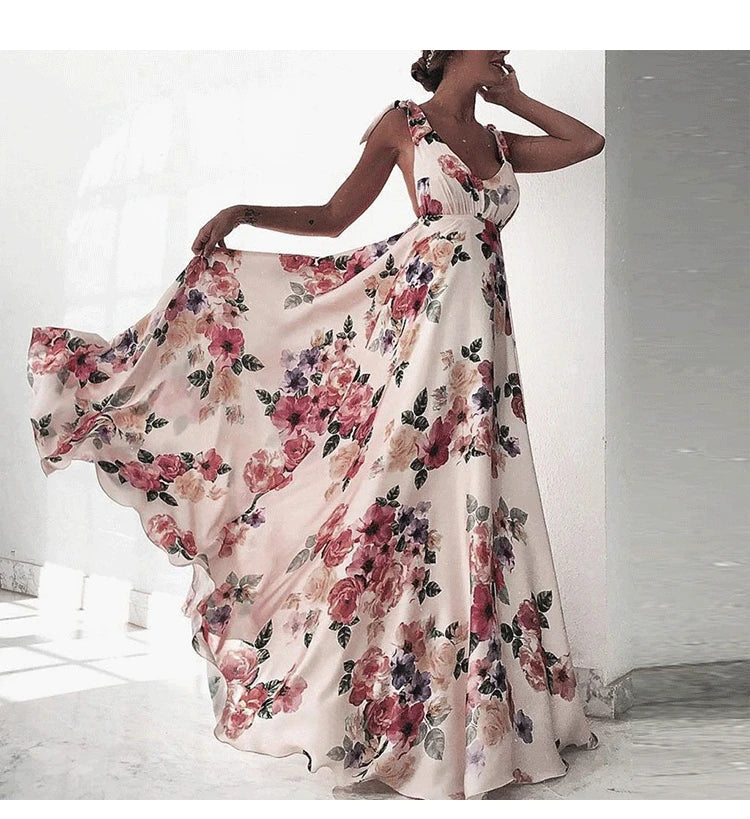 Backless women floral high waist large swing sleeveless long dresse
