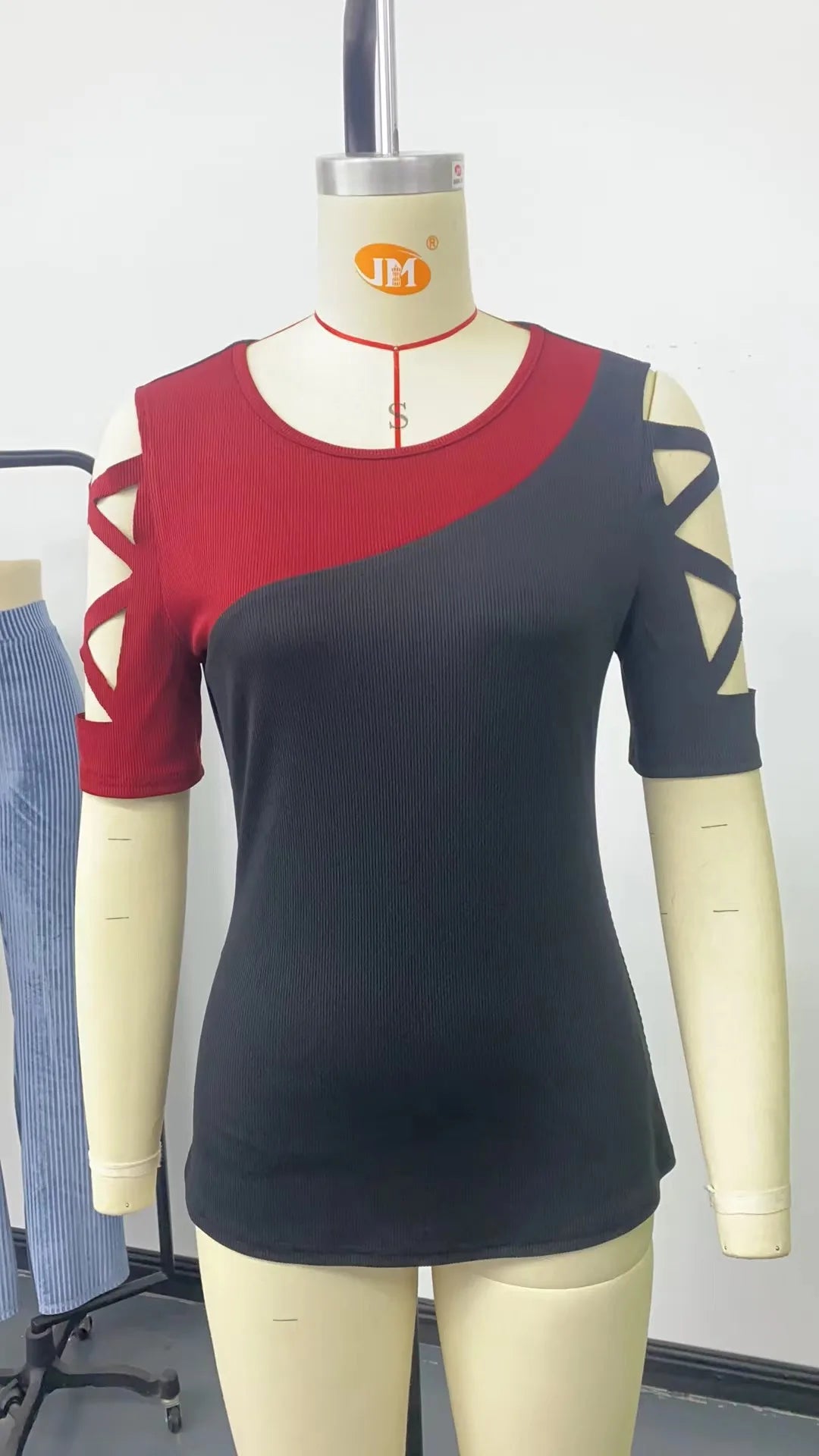 Women's T-shirt Slim Color Block Office Fashion Street Top Hollow Short Sleeve Tight Tees for Women