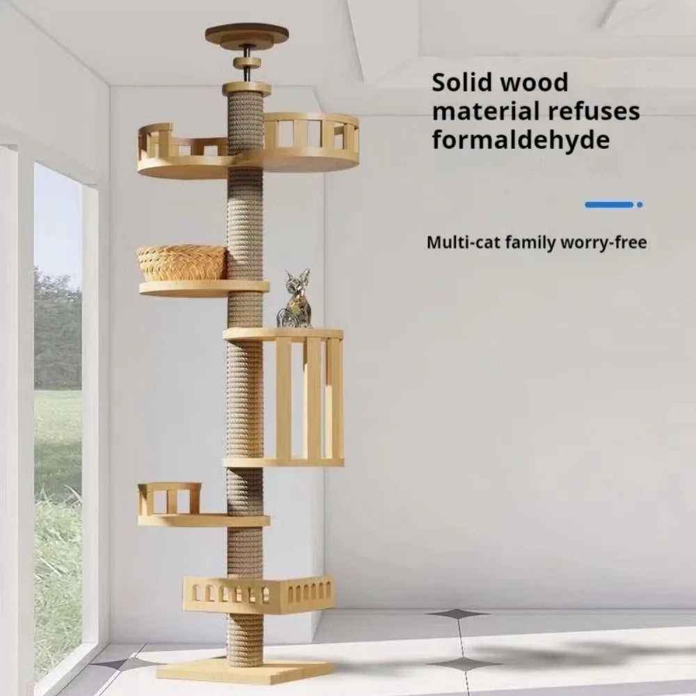Cat Tower Cat Tree  Adjustable Multi-Function Floor To Ceiling Wooden House Tower For Large Cats With Large Cat Accessories