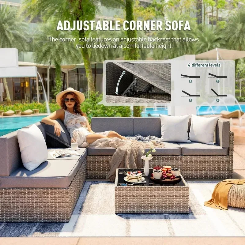 Patio Furniture Set, 7 Pieces Modular Outdoor Sectional, Patio Sectional Sofa Conversation Set, Rattan Sofa with Coffee Table