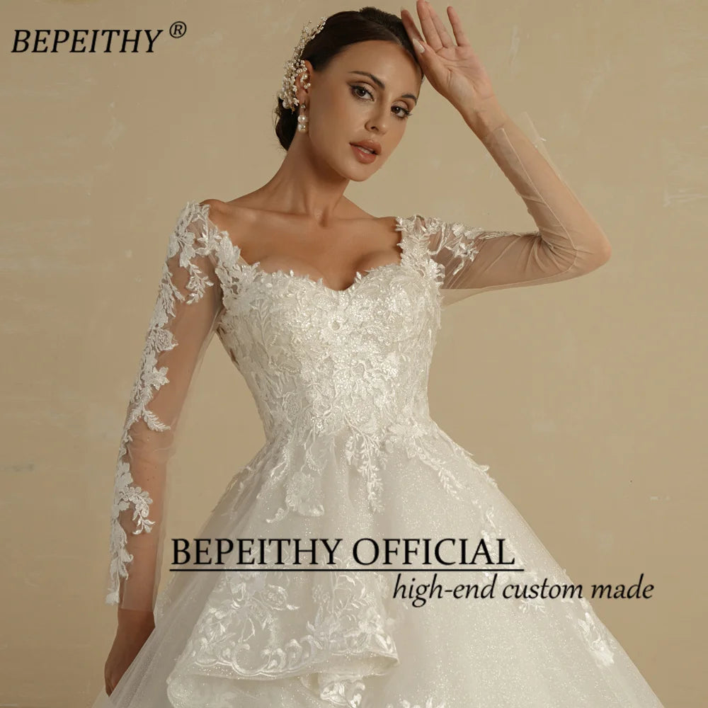 BEPEITHYCustomized Glitter Ball Gown Hochzeitskleid Full Sleeves For Women Bride 2022 Sweetheart Ruffle Skirt Shinny Bridal Dress