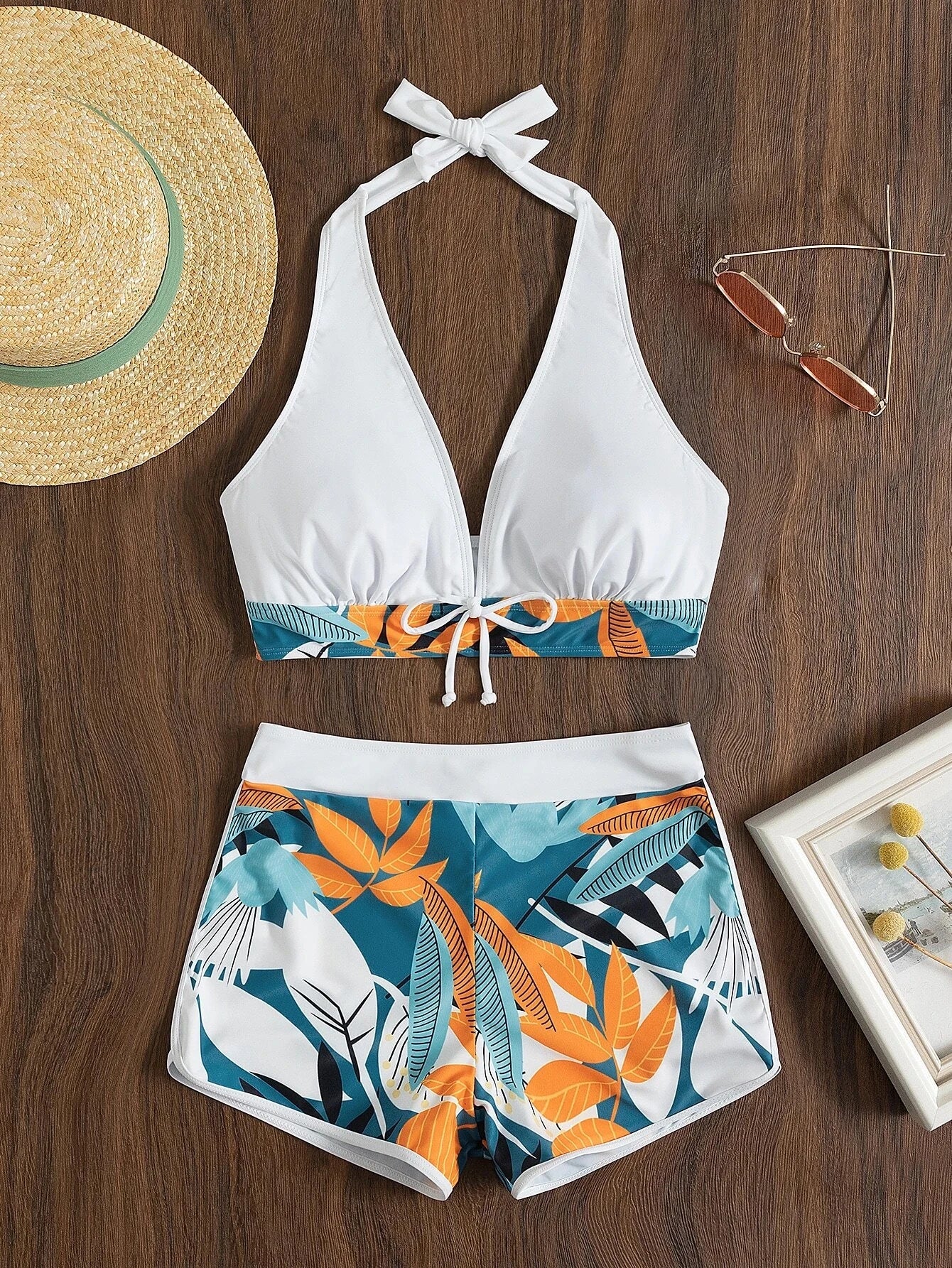 Halter Bikini Set Kurzer Schwimmanzug Frauen High Waist Bedruckte Bademode