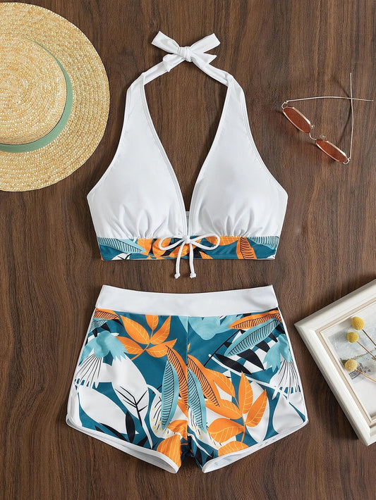 Halter Bikini Set Rot High Waist Design Wire-Free Support Spandex Polyester Kurzer Schwimmanzug