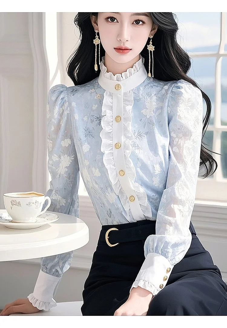 Blue Floral Chiffon Shirt with Ears for Women Spring 2025 New Top