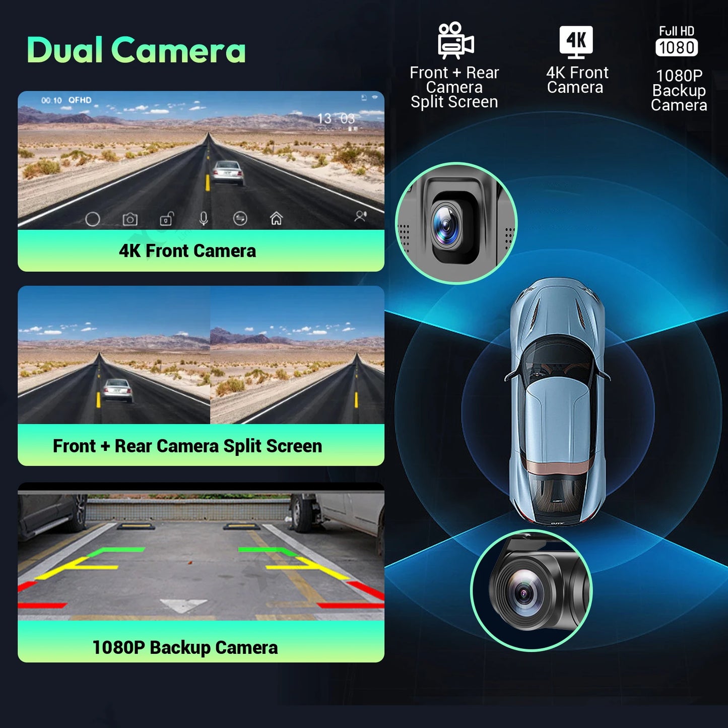 4K 10.26" Touchscreen Auto DVR Dashcam - Kabellos Apple CarPlay Android Auto Dual Lens Video Recorder