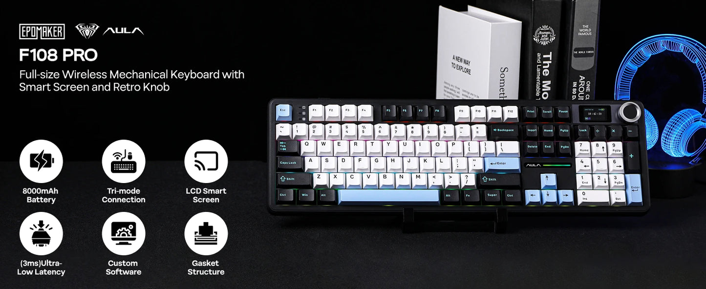 Gaming-Tastatur 2025: EPOMAKER X AULA F108 PRO Full Size 100% ANSI Layout - Hot Swap Wired/2.4GHz/Bluetooth Wireless Mechanical Keyboard RGB Backlight Collection