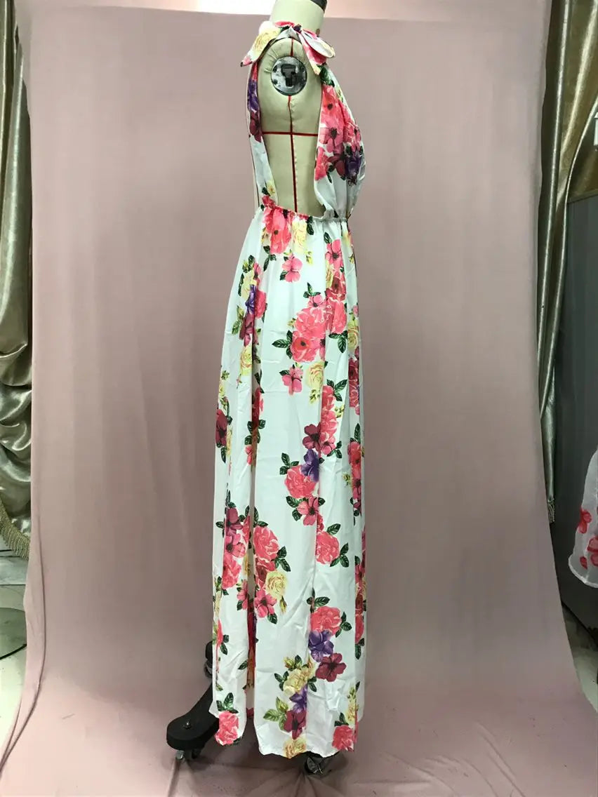 Backless women floral high waist large swing sleeveless long dresse