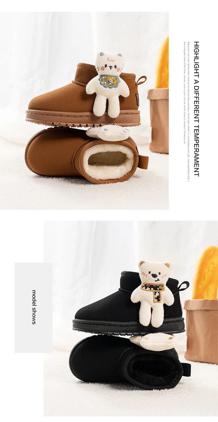 Kinder-Schneestiefel mit niedlichen Bären, Kinder-Stiefeletten, vielseitige Mode, 2025, Winter, neue warme Stiefel für Jungen und Mädchen, dickes Fell, rutschfest