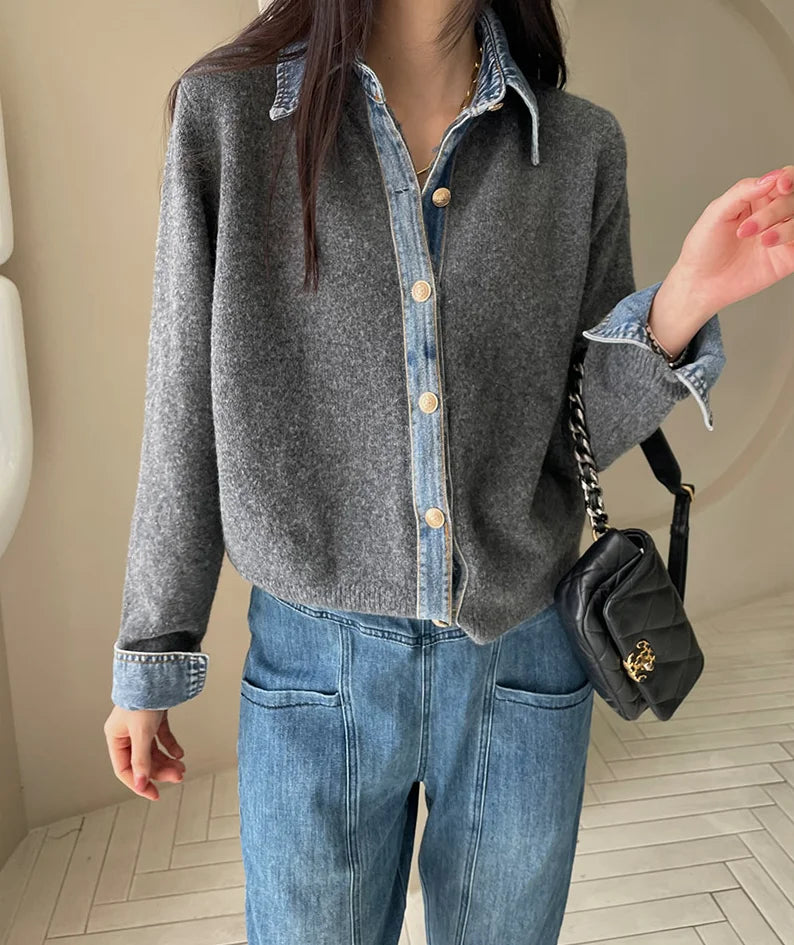 BigLargiCN Strickcardigan Herbst Denim Patchwork Damen Korean Stil - Gewicht 120–220 g/m² Länge Regular Lockere Passform