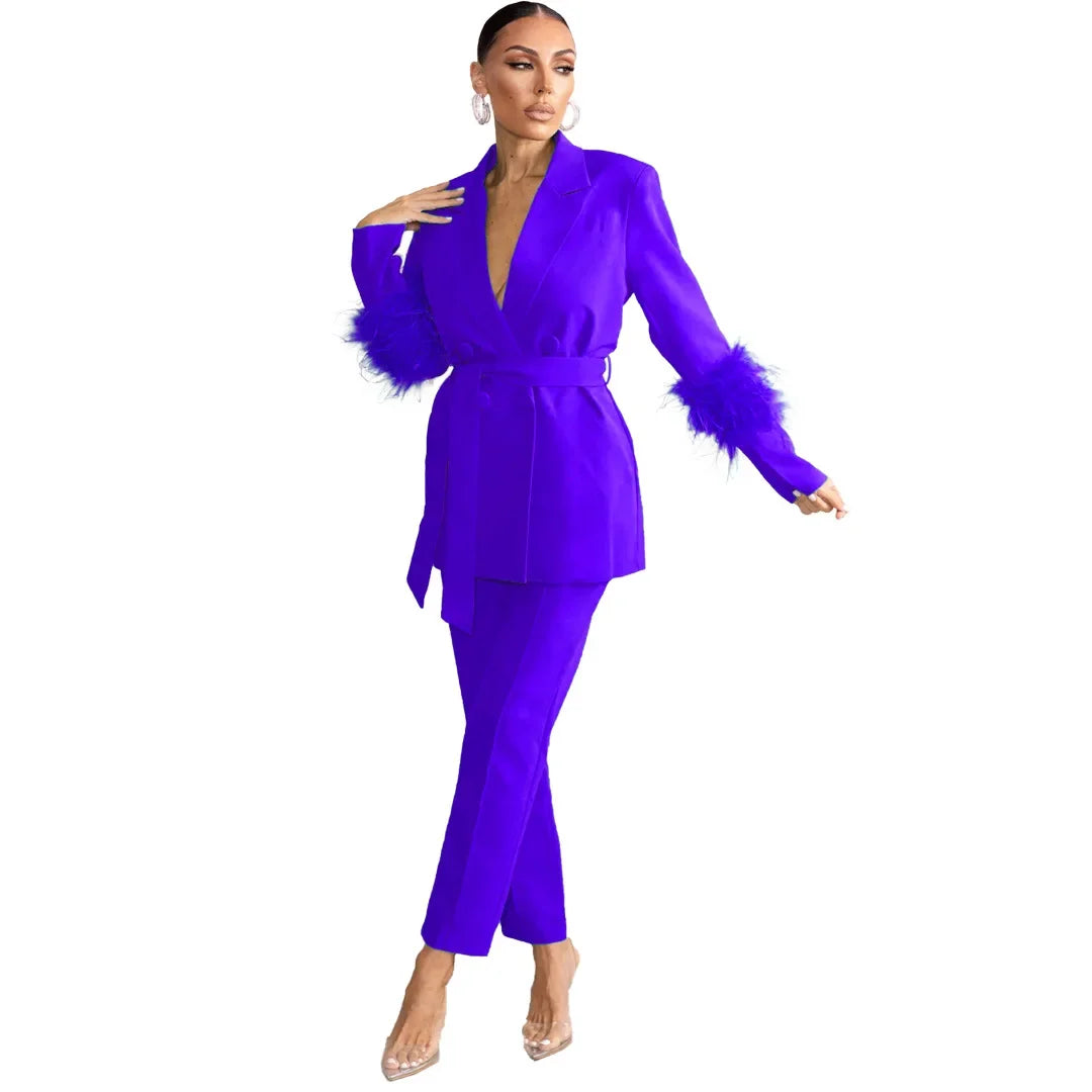 Elegant Women 2 Piece Set Solid Notched Neck Blazer Zipper Long Pants Feather Upright Coat Ladies Suit Fall Winter Office Wear