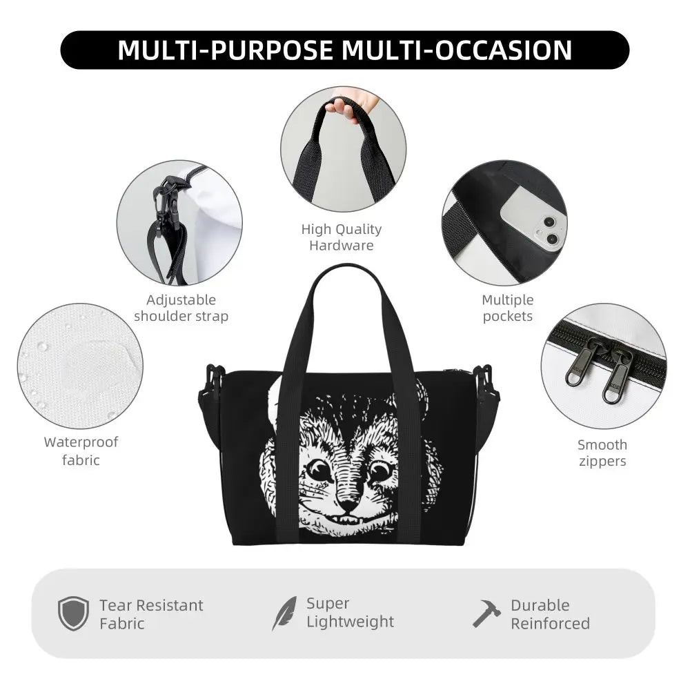 Custom Cheshire Cat Beach Tote Bag for Women We're All Mad Here Cat Big Compartment Gym Beach Travel Bags