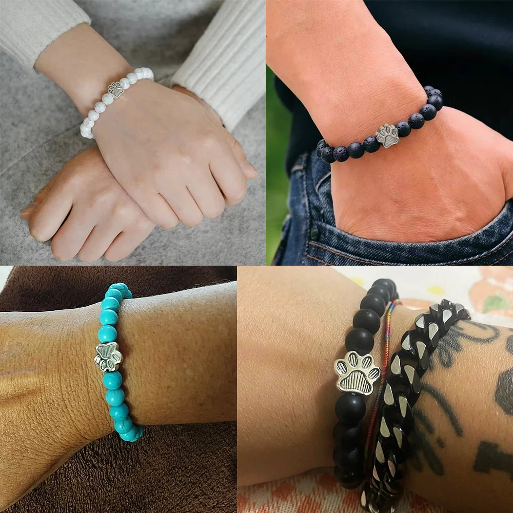 Reliatonny Natürlich Matt Schwarz Lava Vulkanstein 2025: Pfoten Druck Armband Homme Femme - Haustier Gedenkstätte Katze Hund Liebhaber Schmuck Unisex Strand