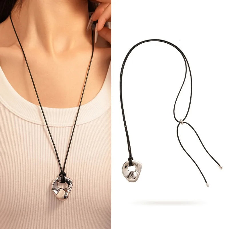 Colier cu pandantiv cerc geometric placat cu aur pentru femei și fete, reglabil, lung, din piele, frânghie, coliere, lanț de pulover, bijuterii