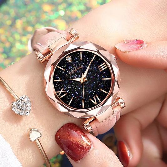 Damen Uhr Strass Romantischer Sternenhimmel - Armbanduhr Mode Damen Leder Uhr - Uhr für Frauen