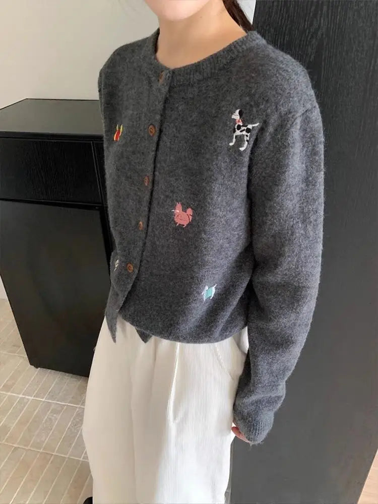 CN Zhejiang Hundemotiv Strickjacke Stickerei Moderner Schliff - Größe M, Polyester, Knopfleiste