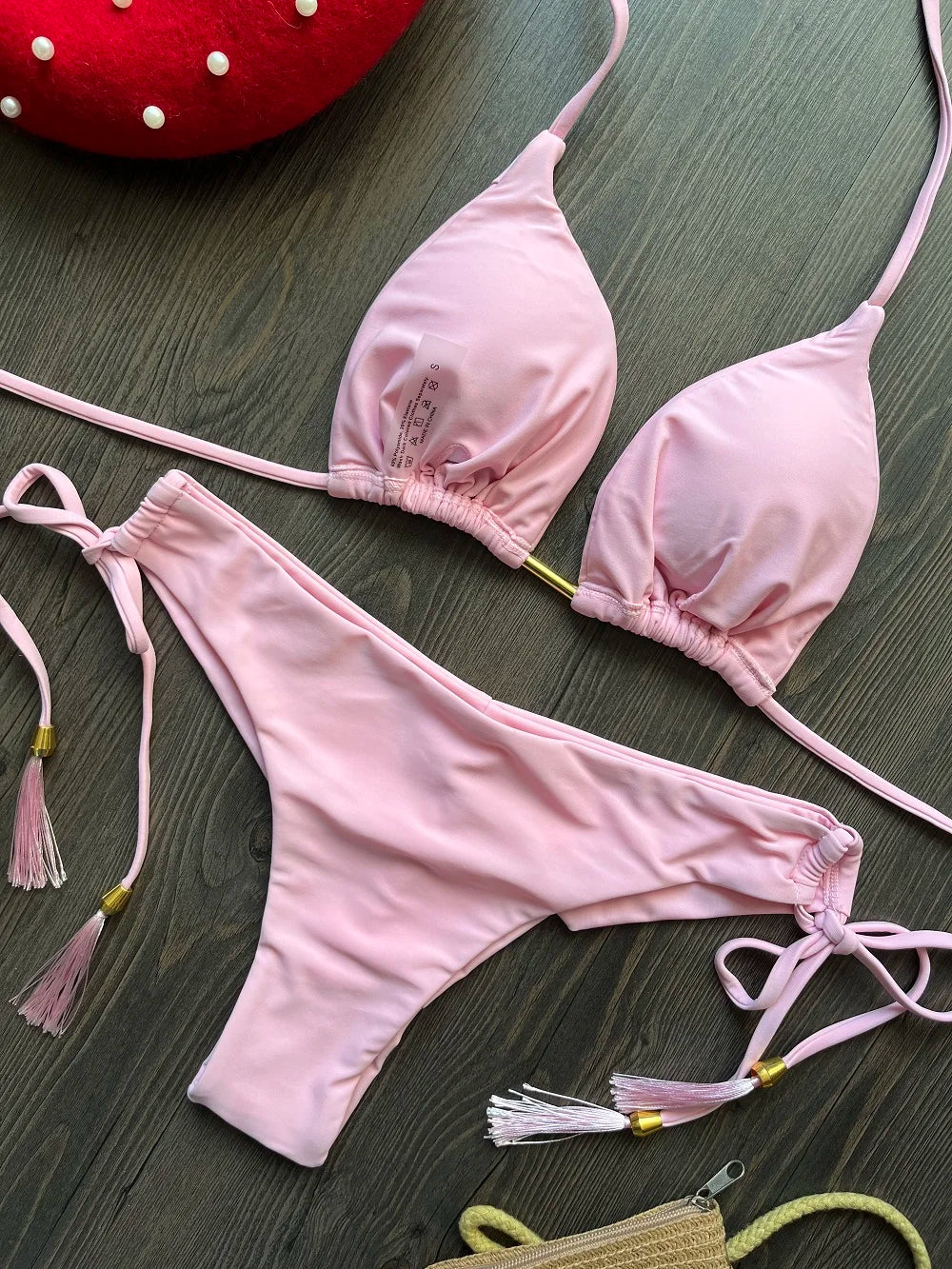 Damen Bikini Set 2025 - Dreieck Badeanzug Brasilianisch Halter Push-Up Metallkette
