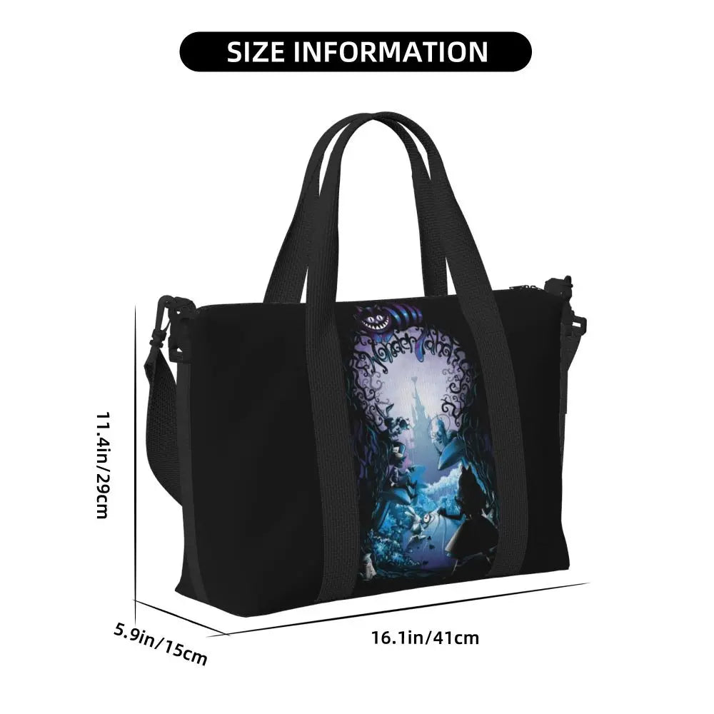 Custom Cheshire Cat Beach Tote Bag for Women We're All Mad Here Cat Big Compartment Gym Beach Travel Bags