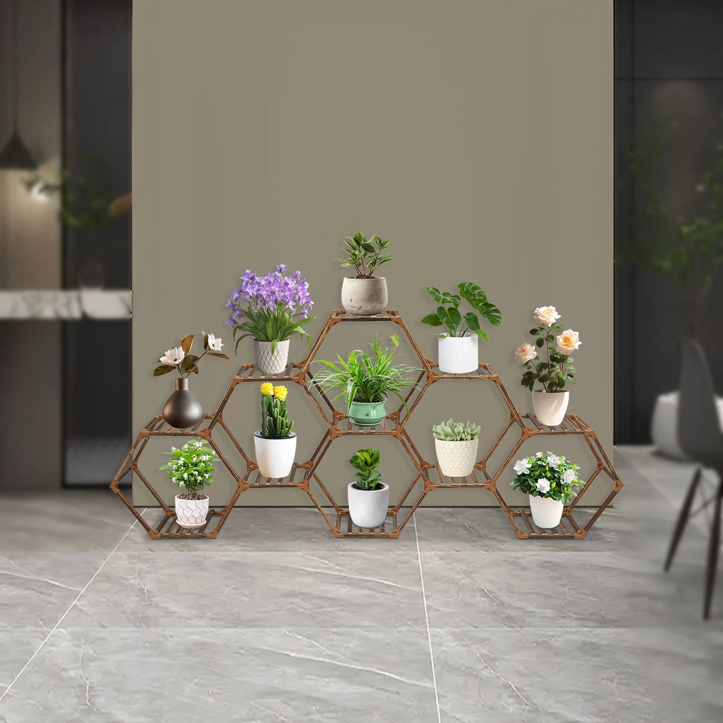 HolzKraft Blumenregal 11 Ebenen Holz Hexagonrahmen Innenbereich